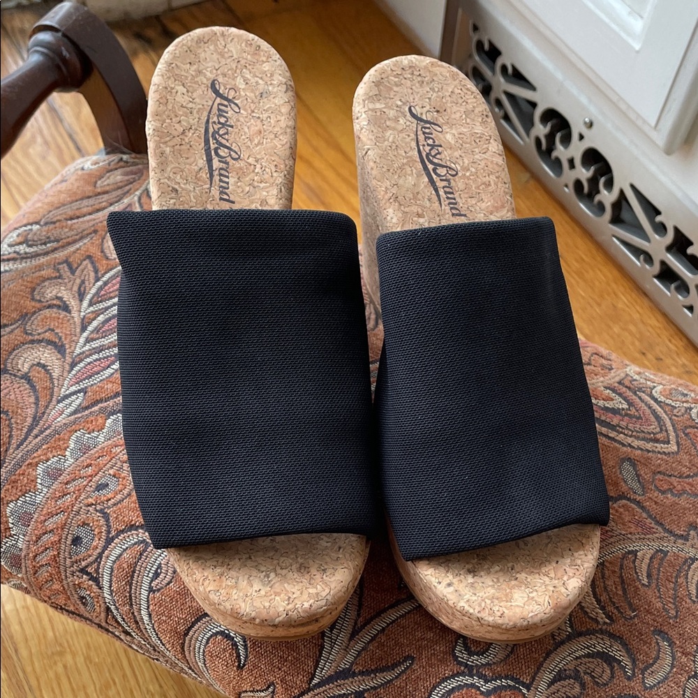 Lucky Brand Black Cork Sole Mules